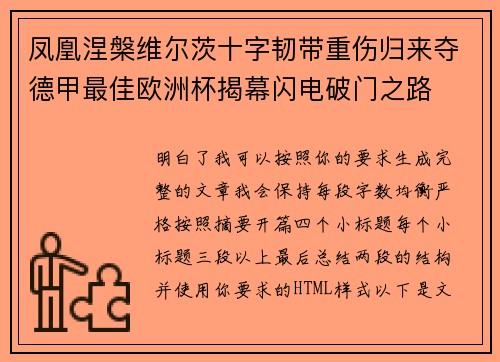 凤凰涅槃维尔茨十字韧带重伤归来夺德甲最佳欧洲杯揭幕闪电破门之路