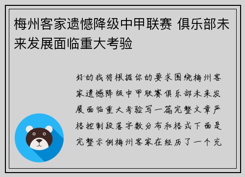 梅州客家遗憾降级中甲联赛 俱乐部未来发展面临重大考验