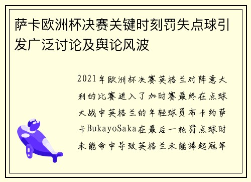 萨卡欧洲杯决赛关键时刻罚失点球引发广泛讨论及舆论风波
