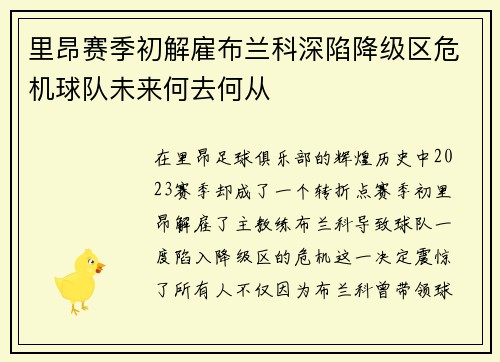 里昂赛季初解雇布兰科深陷降级区危机球队未来何去何从