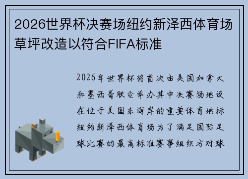 2026世界杯决赛场纽约新泽西体育场草坪改造以符合FIFA标准