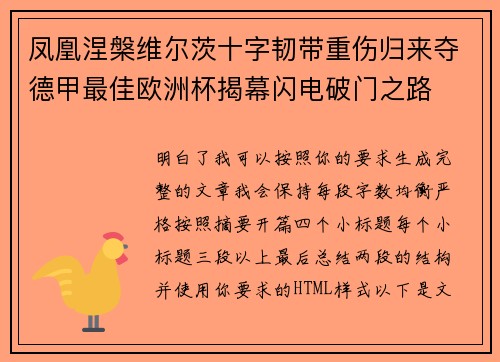凤凰涅槃维尔茨十字韧带重伤归来夺德甲最佳欧洲杯揭幕闪电破门之路