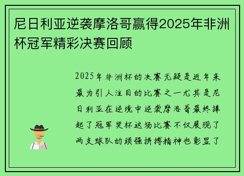 尼日利亚逆袭摩洛哥赢得2025年非洲杯冠军精彩决赛回顾